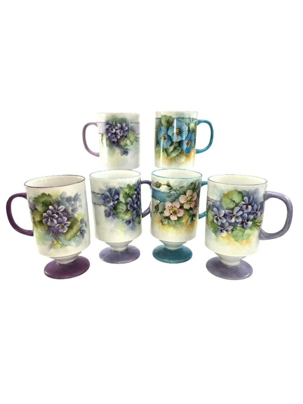 Vintage Floral Pedestal Mugs With Hand-Painted Designs Blue Purple Set jj3710